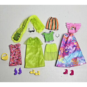 Barbie Doll Clothes Outfits Shoes Purse Glasses Neon Green Faux Fur Scarf Lot